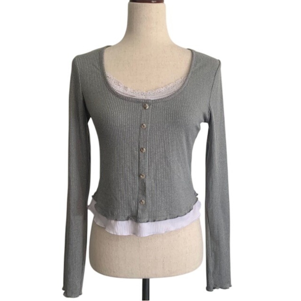 Just Polly Gray Ribbed Lace Layered Top L Y2K Bella Elena Coquette 2000s Indie